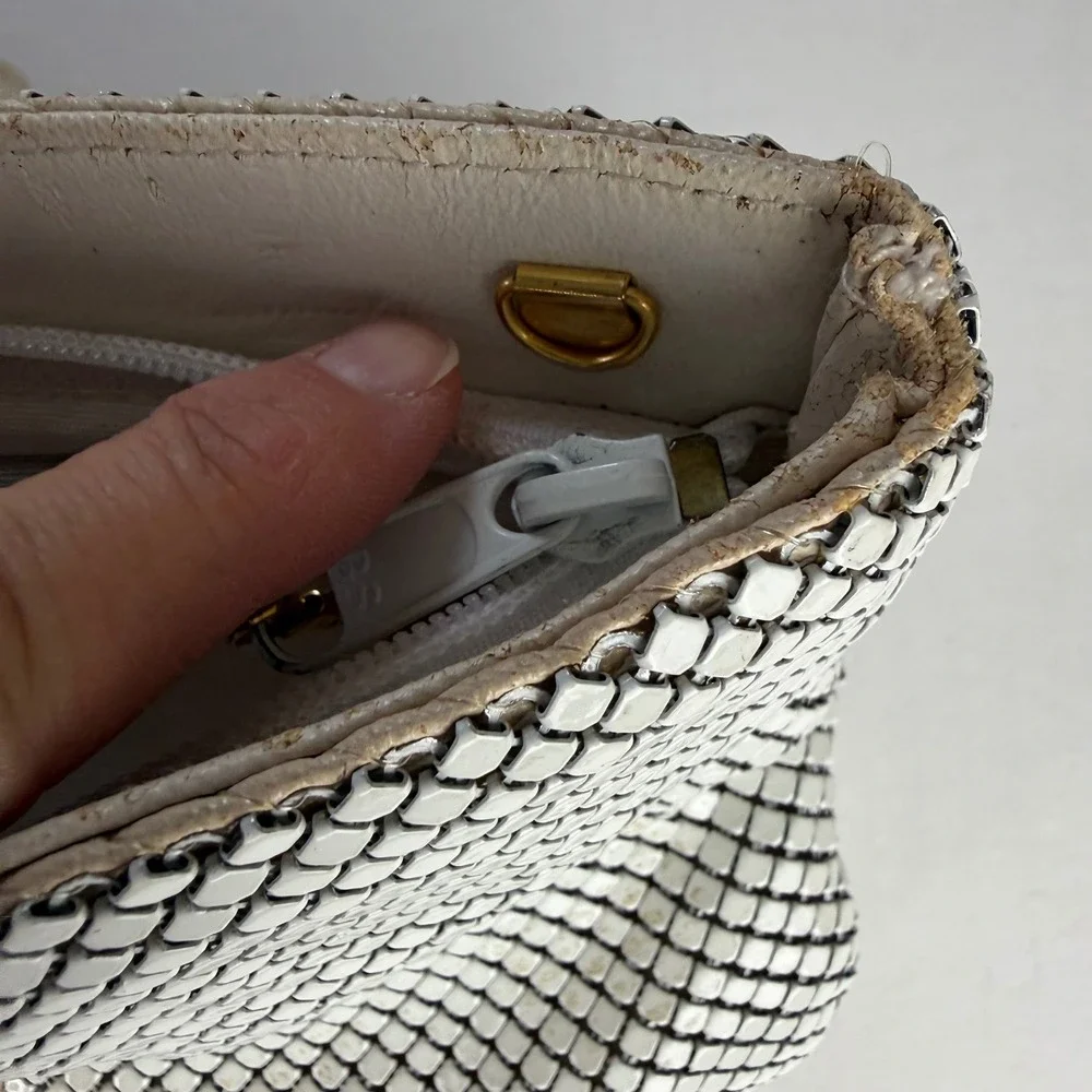 Vintage White Enameled Metal Mesh Evening Bag Gold Ring Handle Clutch Formal